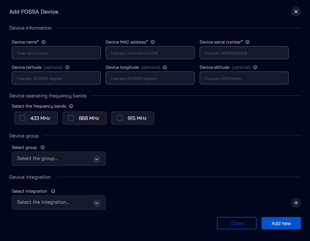 Device registration form